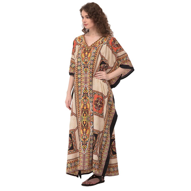 Oussum Ladies Kaftans Kimono Maxi Style Dresses Geometric Printed Caftan Beach Dress Women Plus Size Evening Gown Beige - Image 4